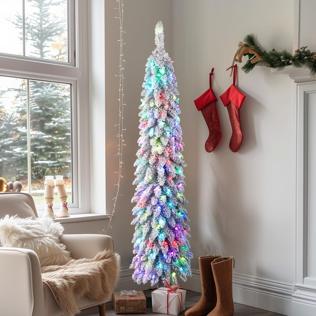 4FT Pre-Lit Snow Flocked Pencil Christmas Tree with Remote Controlled Multi-Color RGB Lights