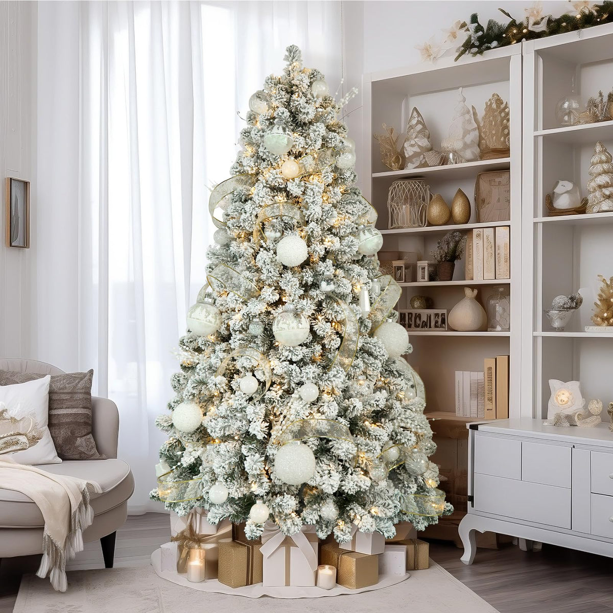 7ft Prelit Warm White Lights Snow Flocked Artificial Holiday Christmas Tree