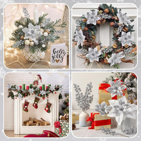 24 Pcs Silver Boxed 12Pcs Poinsettias Artificial Christmas Flowers+12Pcs Holly Berry Stems for Christmas Tree Decor