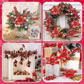 12Pcs Poinsettias Artificial Christmas Flowers+12Pcs Holly Berry Stems for Christmas Tree Decor