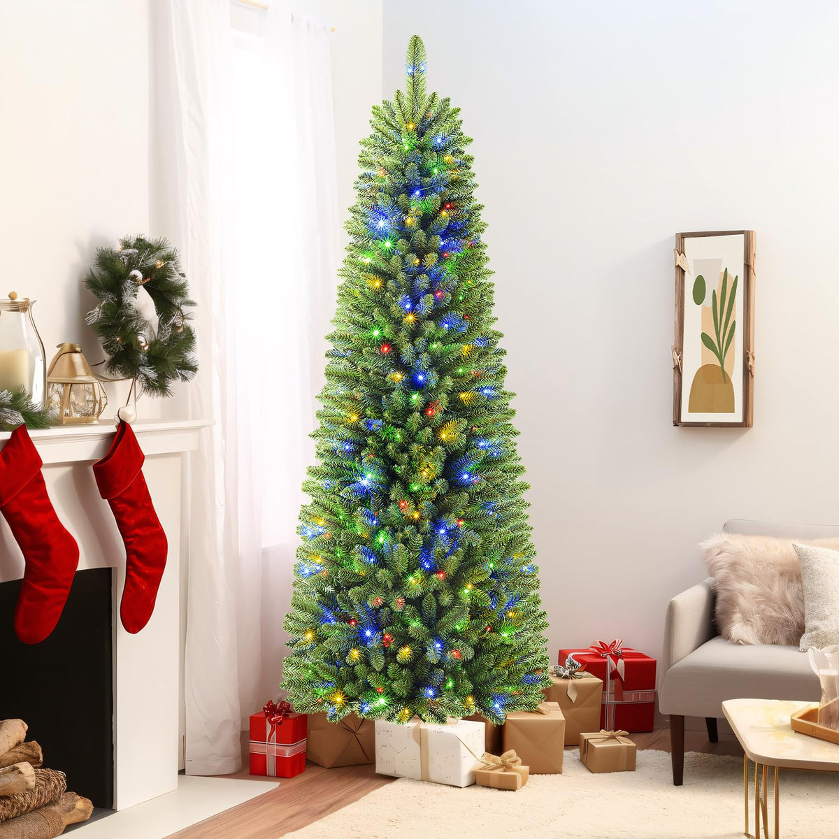 5.5ft Warm White & Multi-Color Lights Prelit Artificial Slim Pencil Christmas Tree with Remote - SHareconn