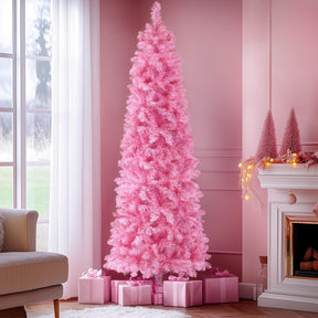 SHareconn 6ft Prelit Artificial Hinged Slim Pencil Christmas Tree with Warm White Lights, Full Branch Tips, Perfect Choice Decoration for Xmas Holiday, 6 FT, Pink - SHareconn