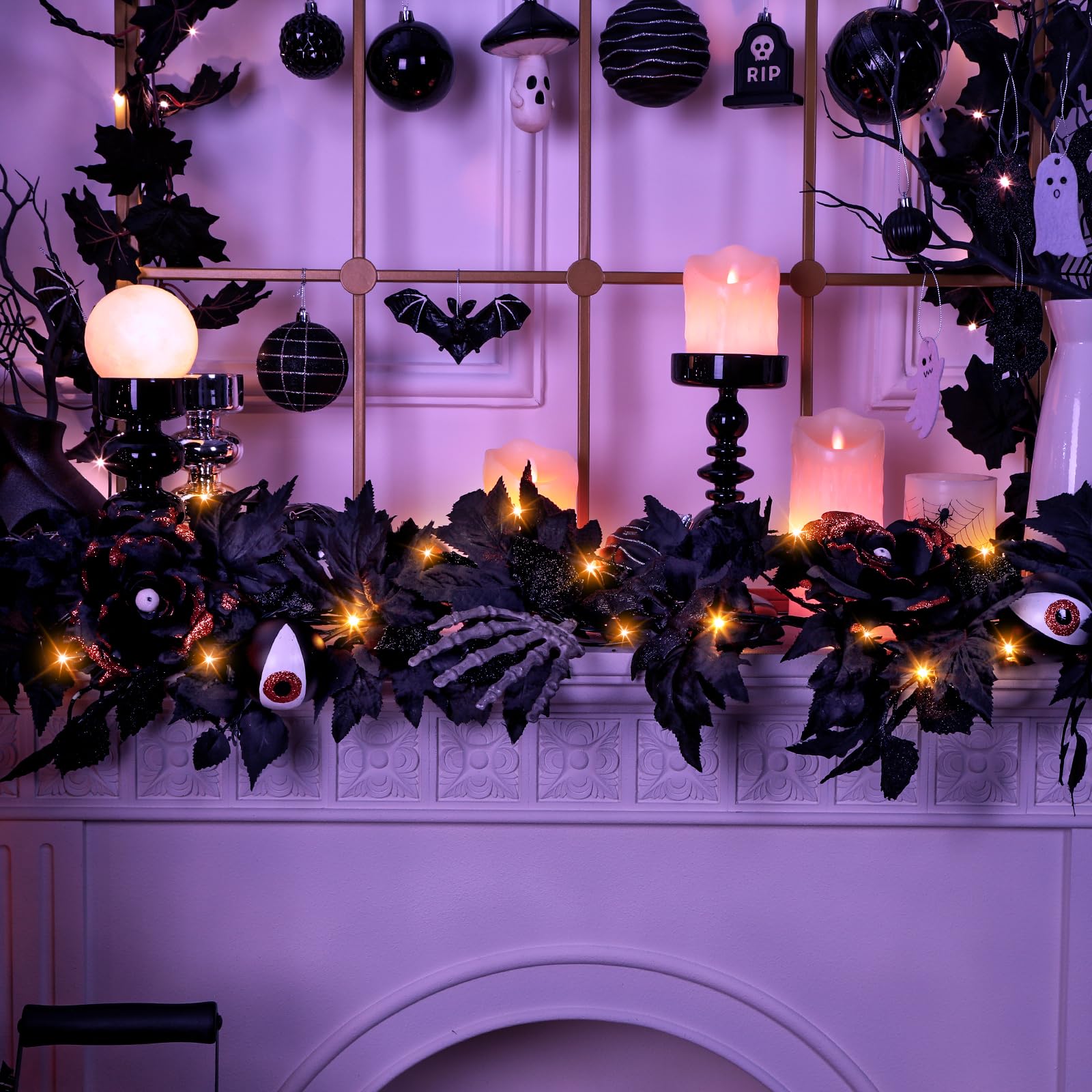 Halloween Black Garlands with Bone Claws Battery Operated Purple/Warm Pre-lit LED Lights and Time - SHareconn