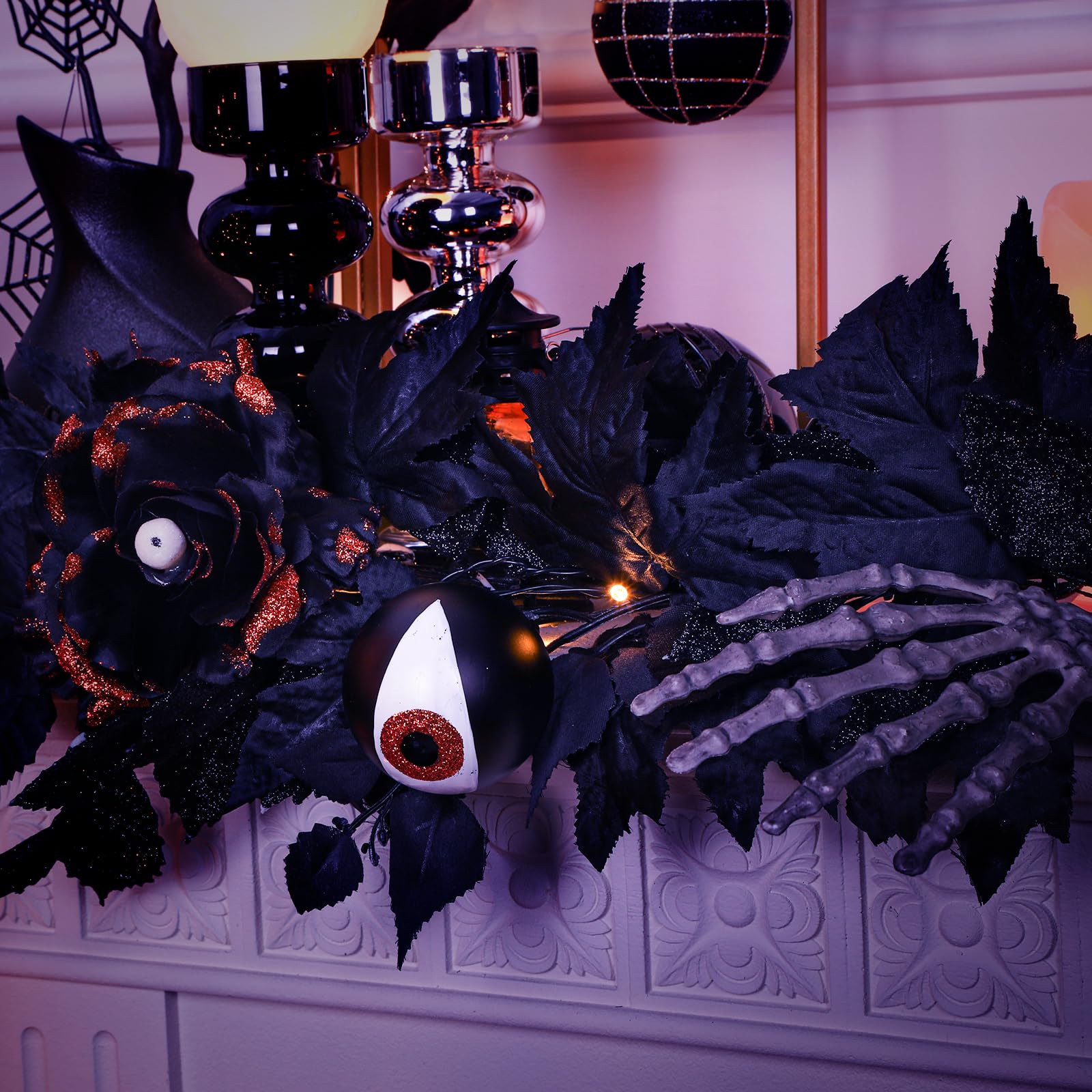 Halloween Black Garlands with Bone Claws Battery Operated Purple/Warm Pre-lit LED Lights and Time - SHareconn