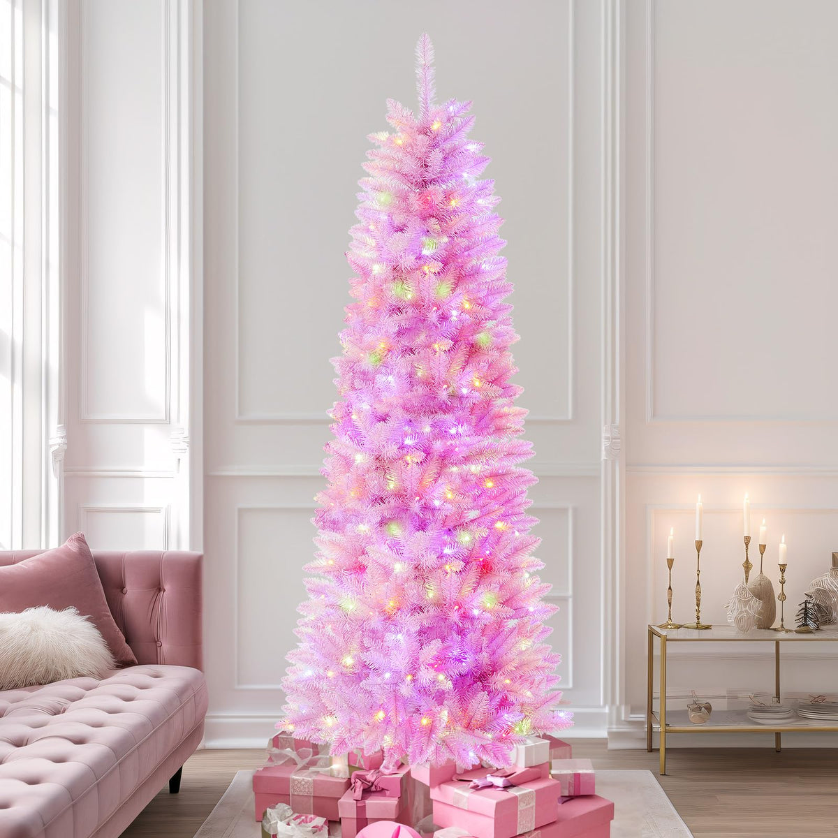 4ft Premium Prelit Warm White & Multi-Color Lights Artificial Hinged Slim Pencil Christmas Tree with Remote - SHareconn