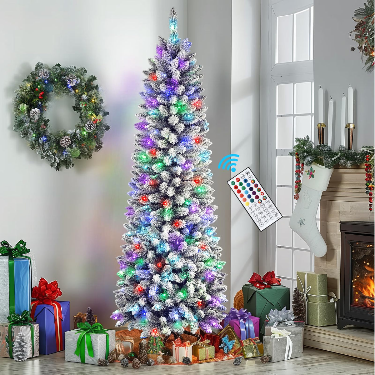 SHareconn 5ft Prelit Snow Flocked Artificial Hinged Slim Pencil Christmas Tree, with Remote Controlled Multi-Color RGB Lights, Full Branch Tips, Perfect Choice Decoration for Xmas Holiday, 5 FT, White - SHareconn