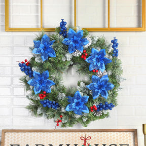 24 Pcs Blue Boxed 12Pcs Poinsettias Artificial Christmas Flowers+12Pcs Holly Berry Stems for Christmas Tree Decor