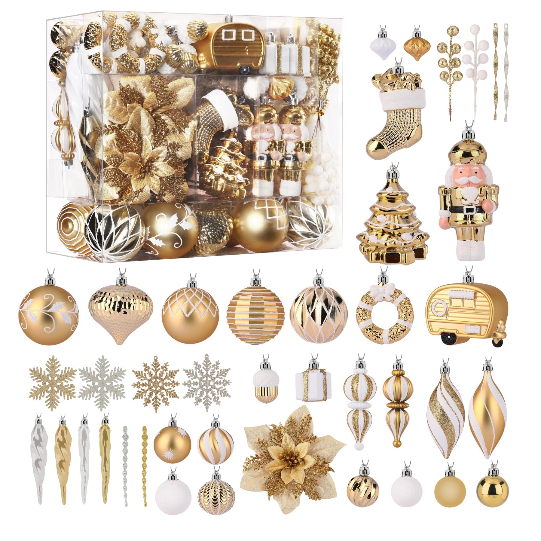 135pcs Gold and White Christmas Balls Ornaments Set